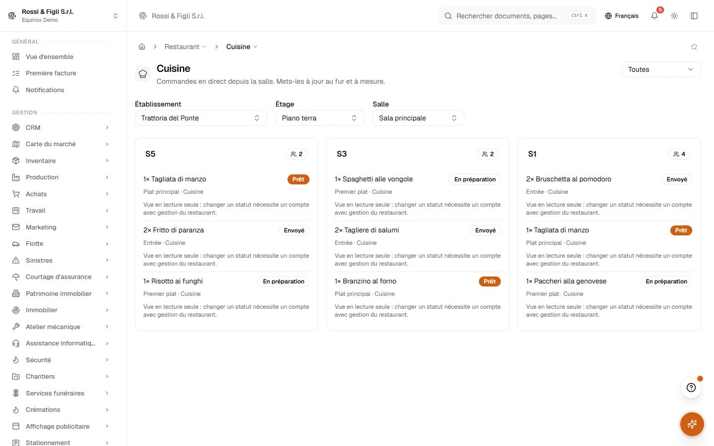 L’écran cuisine d’Equinox : trois commandes envoyées d’une trattoria de démonstration sous forme de cartes, chaque ligne avec quantité, plat, service, poste et les boutons en préparation, prête et servie.