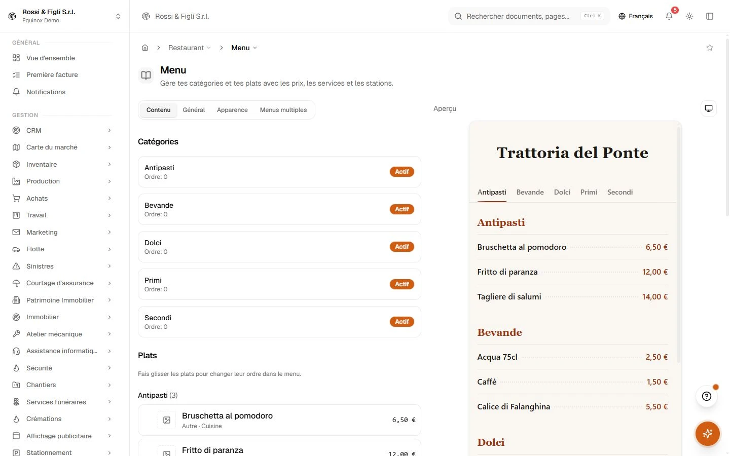 L’éditeur de menu d’Equinox : les catégories d’une trattoria de démonstration avec leur statut à gauche, l’aperçu en direct du menu public avec plats et prix à droite.