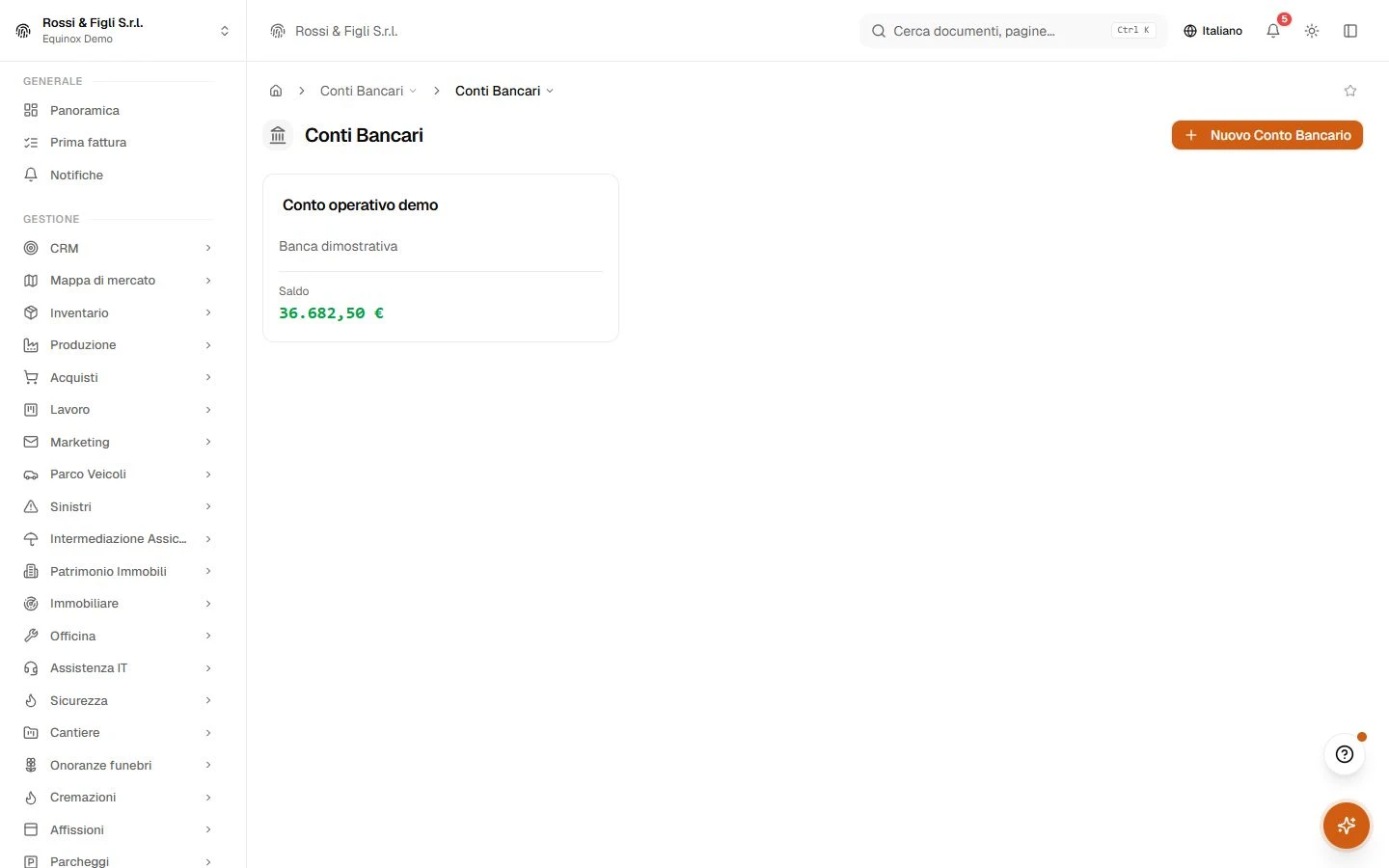 La pagina conti bancari di Equinox: la card di un conto corrente aziendale con IBAN e saldo, sul tema scuro.