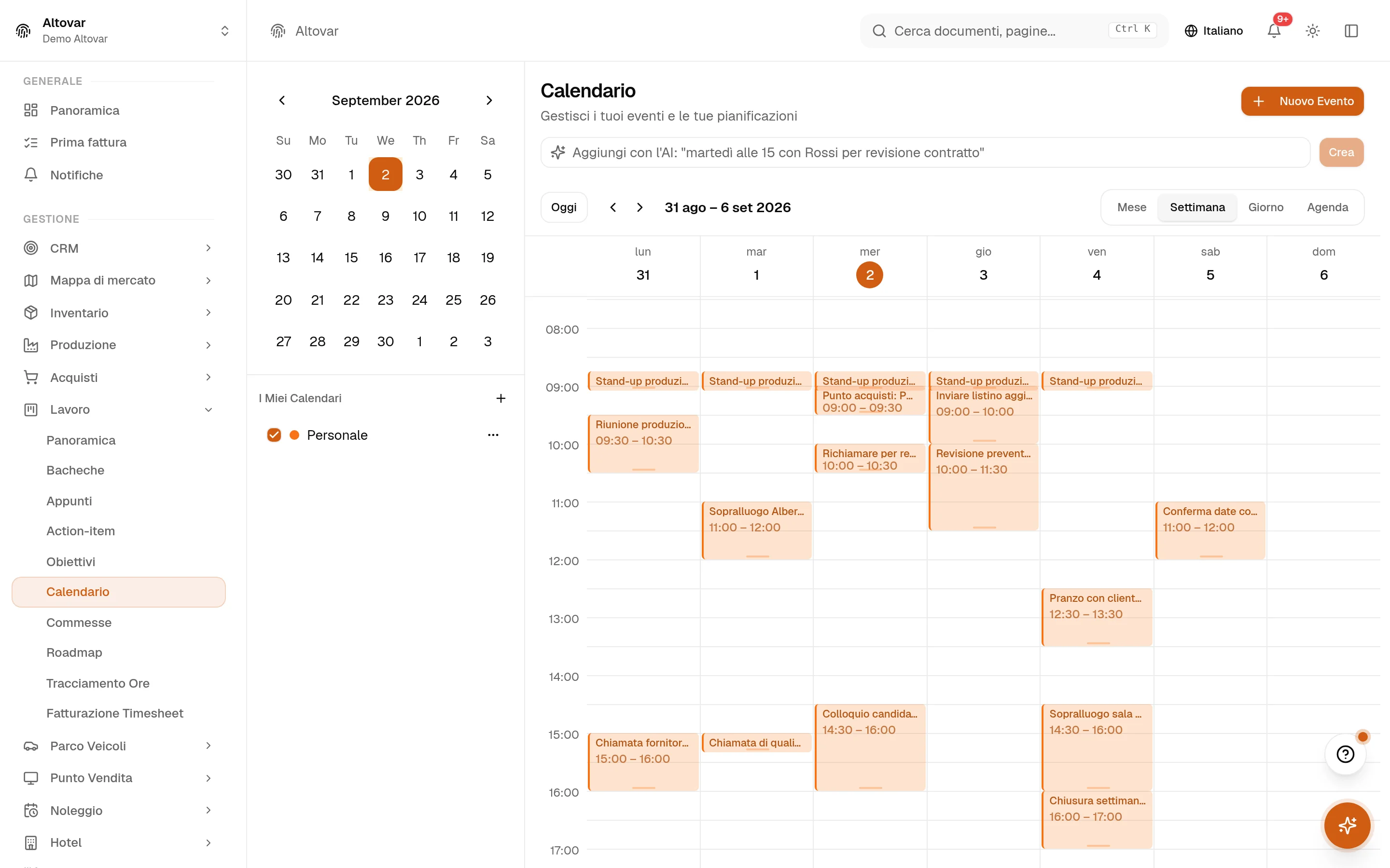 Il calendario di Equinox in vista settimanale: gli eventi di un’azienda demo disposti sulla settimana lavorativa.