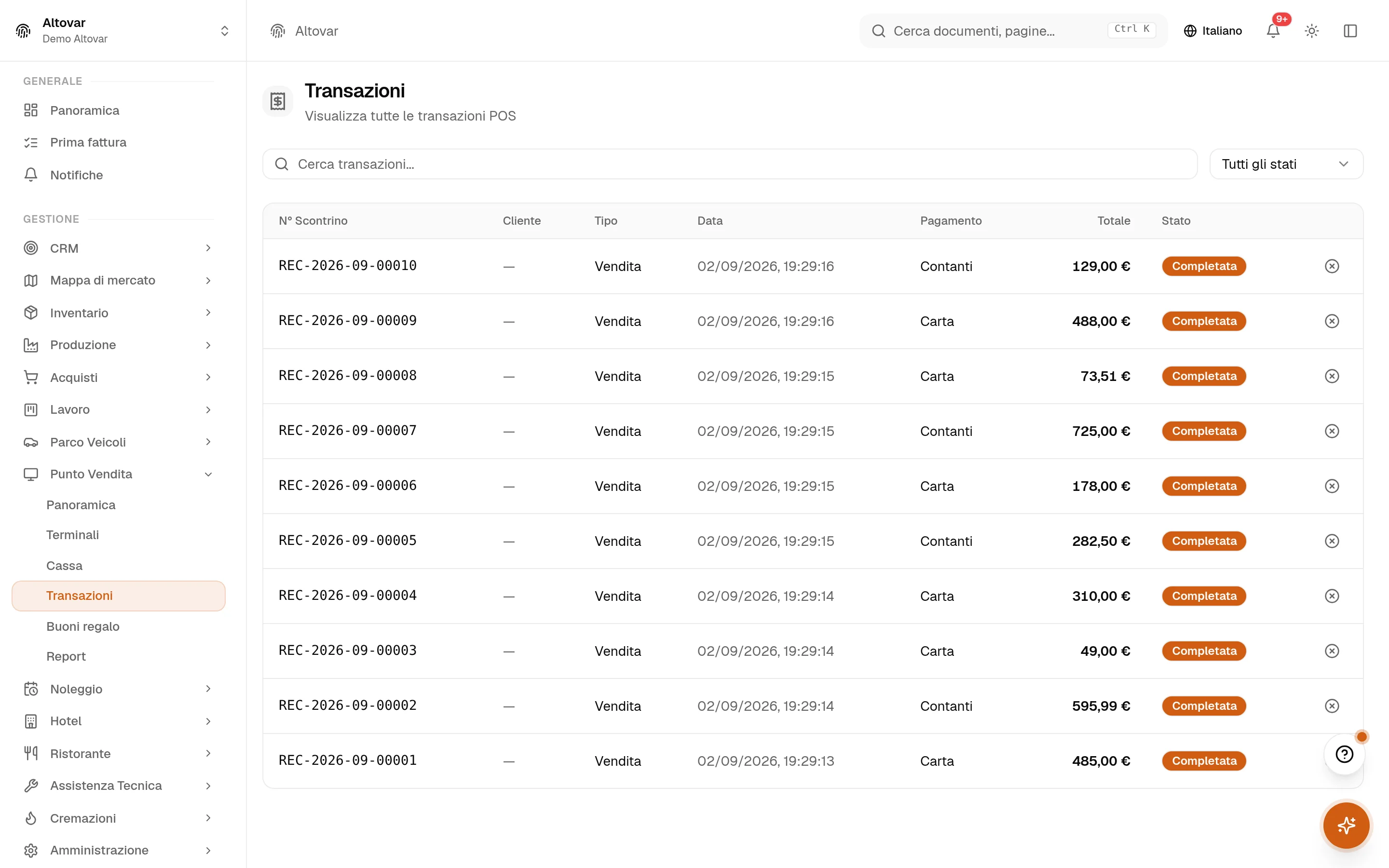 La lista transazioni di cassa di Equinox: vendite di un negozio demo con numero scontrino, tipo, data, metodo di pagamento, totale e stato.