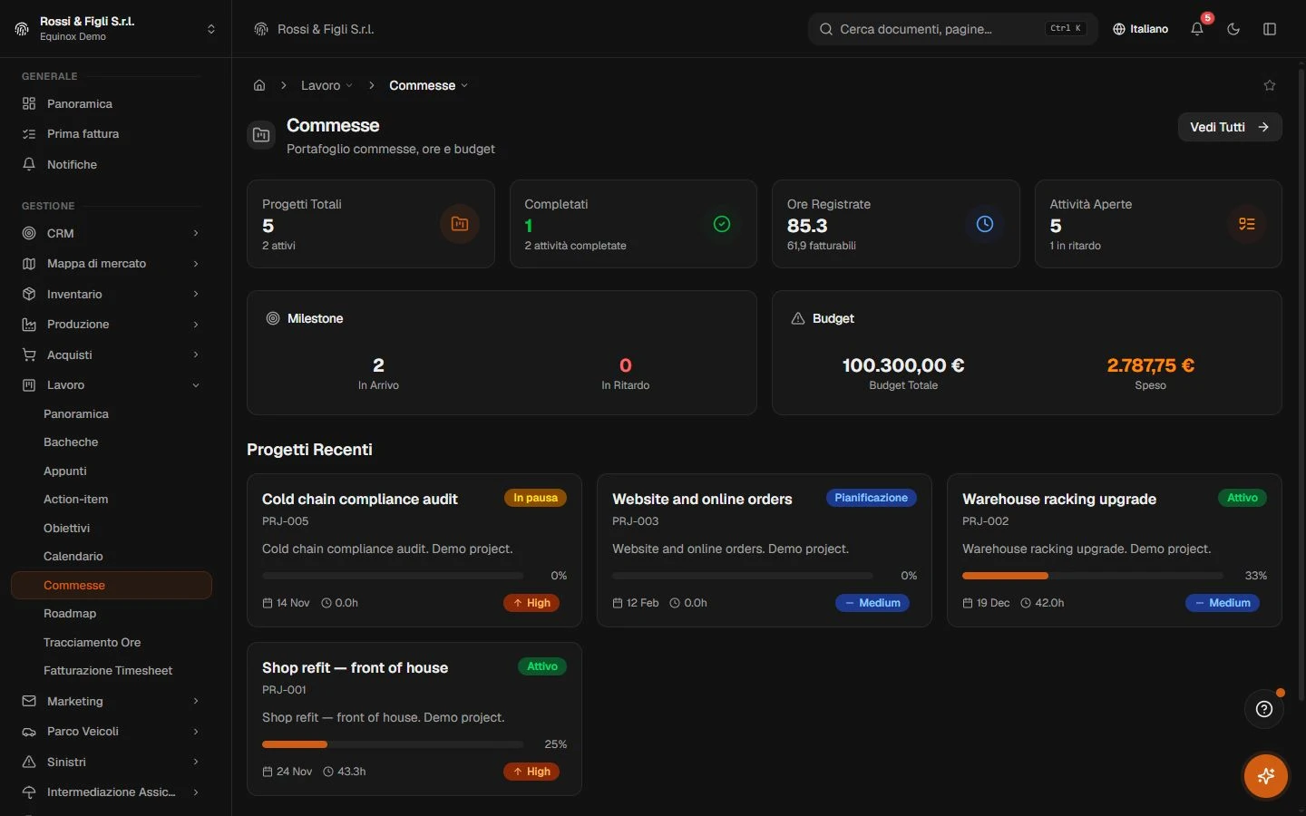La dashboard commesse di Equinox: contatori di progetti e attività, ore e milestone, con due commesse demo — l’allestimento di una sala ristorante e il rinnovo della hall di un albergo.