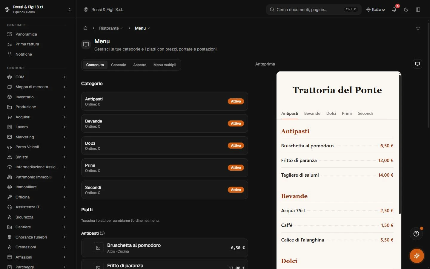 L’editor del menu di Equinox: le categorie di una trattoria demo con il loro stato a sinistra, l’anteprima del menu pubblico con piatti e prezzi a destra.