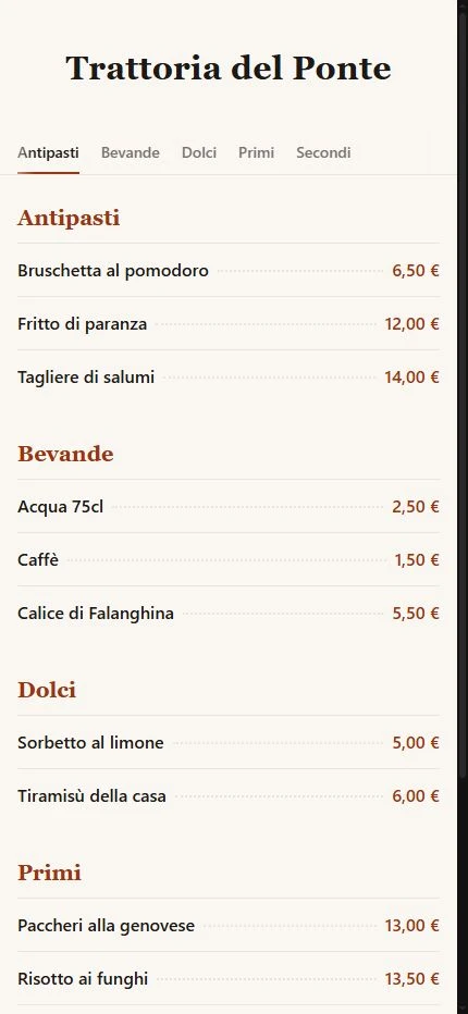 The public QR menu of a demo trattoria on a phone: venue name, category tabs, the starters with description and price, the first course heading.